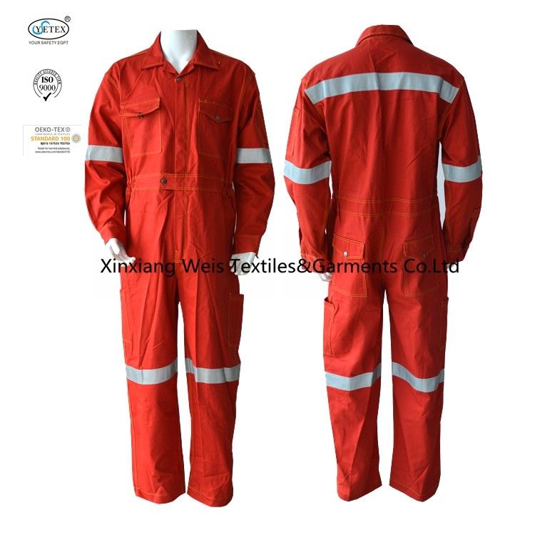High Quality Full Cotton Red Fire Retardant Coveralls / FR Safety Coveralls For Men With Reflector And Metal Snap Button